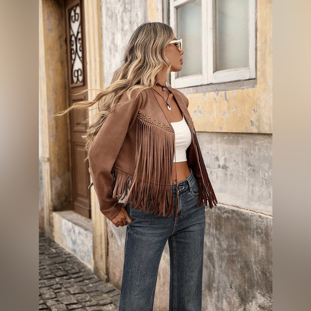 Suede fringe studded jacket western boho gypsy tassel vegan suede cream tan - Picture 7 of 13
